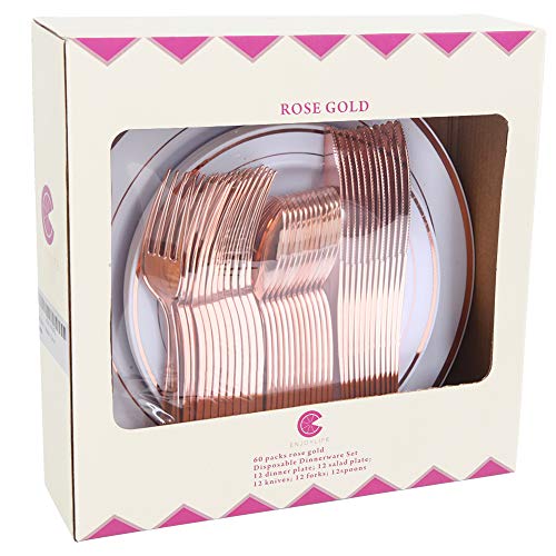 Product Cover 60pcs Rose Gold Plastic Plates, Rose Gold Plastic Silverware, Gold Plates for Parties, Disposable Wedding Plates in Heavy Weight,Enjoylife(Rose Gold)