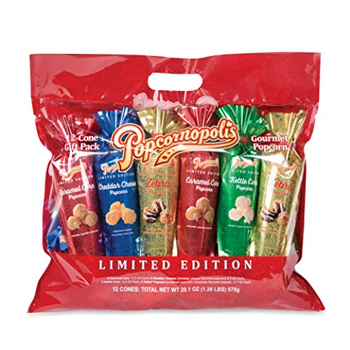 Product Cover Popcornopolis Popcorn 12 Cone Snack Pack Including Zebra, Cheddar Cheese, Caramel and Kettle Corn, Metallic