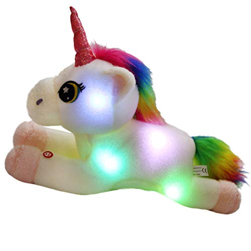 Product Cover Bstaofy Light up Unicorn Stuffed Animals Glow Plush Toys with Rainbow Hair LED Night Lights Gifts for Kids on Christmas Birthday Festival Occasions, 16 Inch (White)