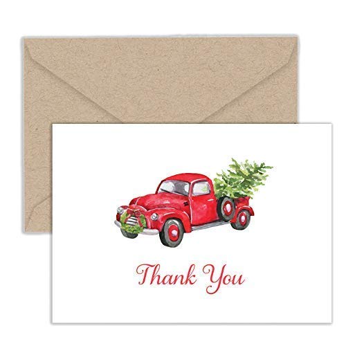 Product Cover Paper Frenzy Red Christmas Truck Hauling a Christmas Tree Holiday Thank You Note Cards and Kraft Envelopes - 25 pack