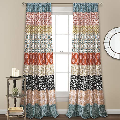 Product Cover Lush Decor, Turquoise and Orange Bohemian Stripe Window Curtain Colorful Bold Design Panel Pair, 84