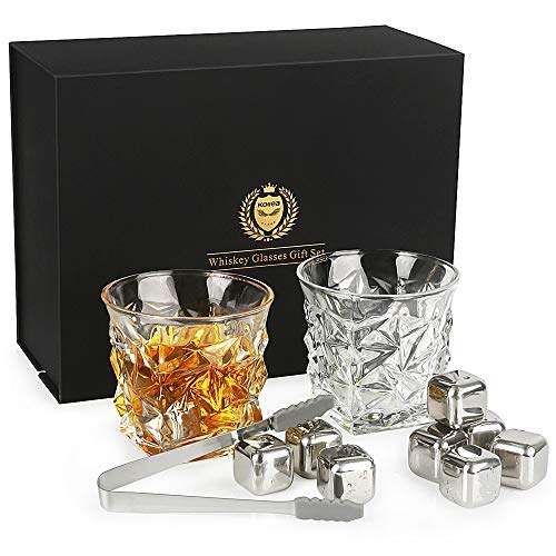Product Cover Kollea Whiskey Stones Set, 2 Whiskey Glasses With 8 Reusable Stainless Steel Ice Cubes, Gift for Men Dad Husband Boyfriend Birthday, Anniversary or Retirement