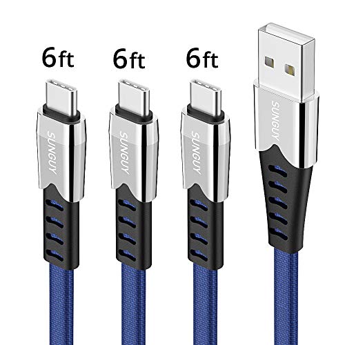 Product Cover SUNGUY Flat USB C Cable [3-Pack,6ft x3] Tangle Free USB Type-C Fabric Braided Zinc Alloy Fast Charging & Data Sync Cords for Samsung Galaxy S10 S9 S8 Plus,OnePlus 6 5T 3T,Google Pixel 3 2 XL (Blue)