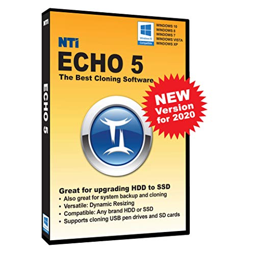 Product Cover NTI Echo 5 (New for 2020!). The Best Cloning Software. It Simply Works. Make an exact copy of a HDD or SSD, with Dynamic Resizing