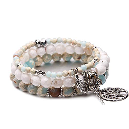 Product Cover Tree of Life Turquoise Jasper & Tibetan Agate Gemstone Chakra Beaded Bracelet | Beach Charm Bracelet Set - Ocean Jewelry (Sky Blue)