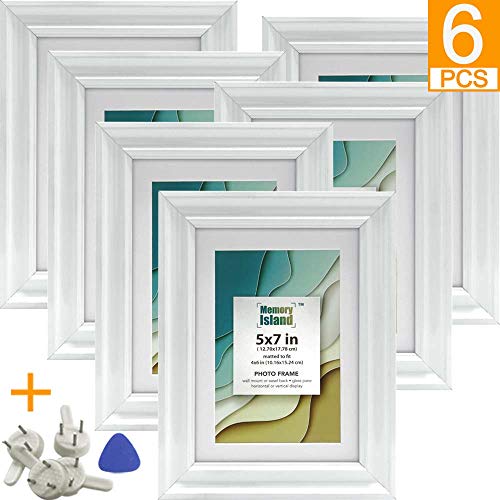 Product Cover Memory Island, 5x7 Picture Frames with 4x6 Mat, Set of 6 Pack in White, Vertical or Horizontal Display for Wall or Tabletop. Glass Fronts Photo Frame.