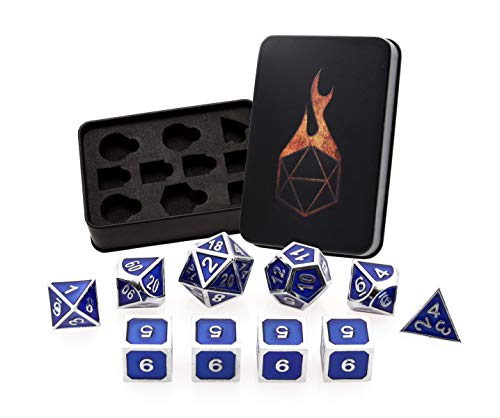 Product Cover Forged Dice Co. Metal Dice Set - Polyhedral Dice Set of 10 with Dice Storage Tin and Stickers - Metal DND Dice and Gaming Dice for Dungeons and Dragons RPG Games Guardian Silver Blue Enamel Set of 10