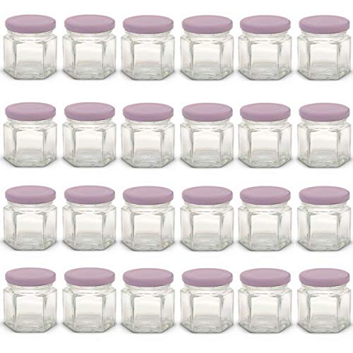 Product Cover 1.5 oz Hexagon Mini Glass Jars with Light Purple Lids and Labels (Pack of 24)