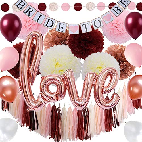Product Cover Burgundy and Rose Gold Bachelorette Party Decorations Bridal Shower Kit - Classy Pink Engagement Decor - Tissue Pom Poms Balloons Bride to Be Banner Circle Garland Tassels - All in ONE