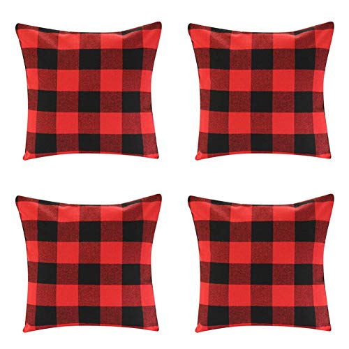 Product Cover Jartinle 4 Pack Farmhouse Soft Cotton Red Black Buffalo Check Plaids Throw Pillow Cases Decorative Family Indoor or Outdoor Cushion Cover 18x18 inch