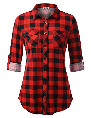 Product Cover DJT Women's Roll Up Long Sleeve Collared Button Down Plaid Shirt