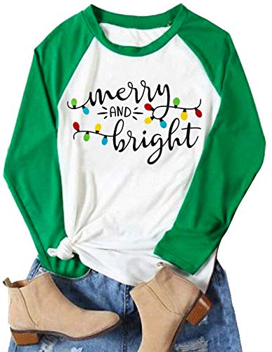 Product Cover Christmas Tshirt Women Merry and Bright Shirt Letters Print Splicing Sleeve Baseball Tshirt Blouse Tee Tops Green