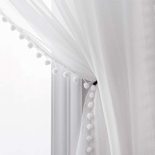 Product Cover Selectex Linen Look Pom Pom Tasseled Sheer Curtains - Rod Pocket Voile Semi-Sheer Curtains for Living and Bedroom, Set of 2 Curtain Panels (52 x 84 inch, White)