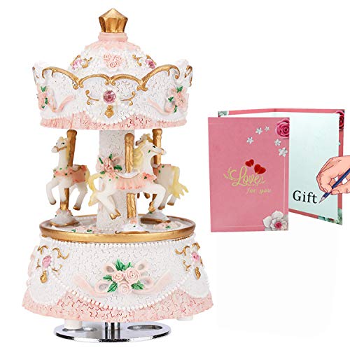 Product Cover LOVE FOR YOU Music Box for Carousel，3-Horse Merchandise Classic Clockworek Musical Box Best Birthday Gift for Kids，Girls，Friends，Melody Castle in The Sky（Pink-White）