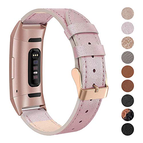 Product Cover SWEES Leather Bands Compatible for Charge 3 & Charge 3 SE Fitness Tracker, Genuine Leather Band Strap Wristband Replacement for Women Men Small Large, Black, Rose Gold, Beige, Brown, Grey, Tan