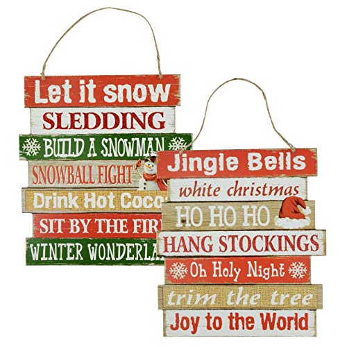 Product Cover Christmas Decor Sign - Winter Hanging Wood Signs - Let it Snow/Jingle Bells - Set of 2