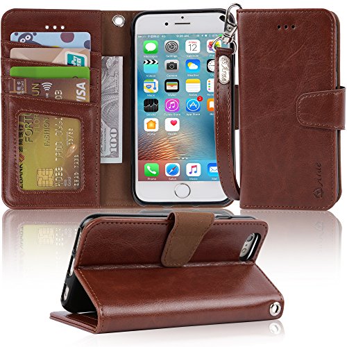 Product Cover Arae Case for iPhone 6s / iPhone 6, Premium PU Leather Wallet case [Wrist Strap] Flip Folio [Kickstand Feature] with ID&Credit Card Pockets for iPhone 6s / 6 4.7 inch (Dark Brown)
