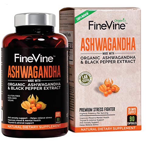 Product Cover Organic Ashwagandha Root Powder - 90 Veggie Capsules | with Black Pepper Extract | Natural Herbal Supplement for Anxiety, Stress Relief, Adrenal Fatigue, Thyroid Support | Boost Mood, Energy, Libido