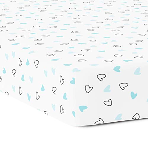 Product Cover The White Cradle Pure Organic Cotton Fitted Cot Sheet for Baby Crib 28 x 52 inch - Super Soft, Smooth, Absorbent, Twill Fabric for Infants, Newborns, Babies, Toddlers - Blue Hearts