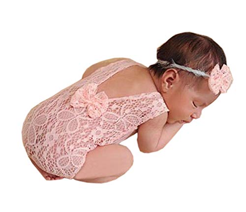 Product Cover Newborn Baby Girl Photography Props Photo Shoot Outfits Infant Costume Lace Headdress Rompers (Pink)