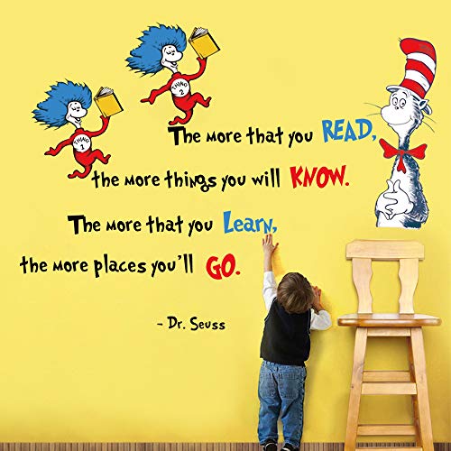 Product Cover decalmile Dr Seuss Wall Decals Quotes The More That You Read The More You Know Kids Wall Stickers Baby Nursery Childrens Bedroom Classroom Playroom Wall Decor
