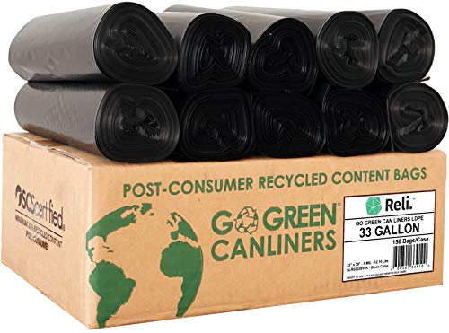Product Cover Reli. Eco-Friendly 33 Gallon Trash Bags (150 Count Black) Recyclable Garbage Bags 33 Gallon, Made from Recycled Material - Black 30 Gallon - 35 Gallon Large Capacity (30 Gal - 35 Gal), Recyclable