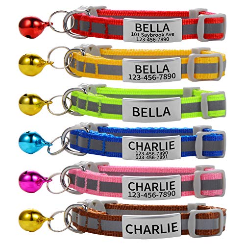 Product Cover Custom Breakaway Cat Collars with Bell - Engraved Stainless Steel No Noise Slide-On Identification Tags On Collar - Up to 3 Lines of Personalized Text (Reflection)