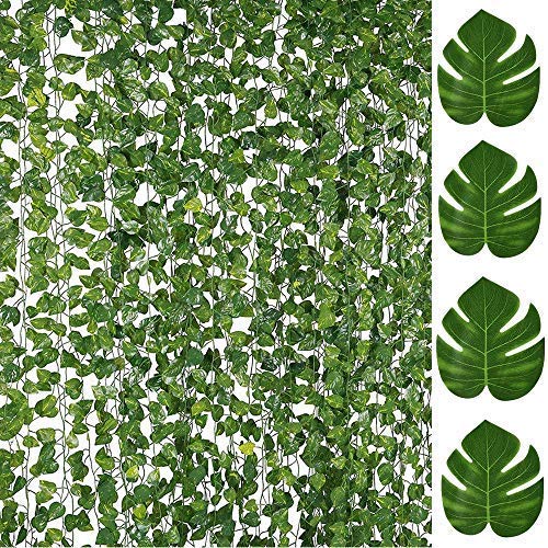 Product Cover 84FT Artificial Vines with Leaves Fake Ivy Foliage Flowers Hanging Garland 12PCS Individual Strands Bonus 12PCS Faux Monstera Tropical Palm Leaves,Home Party Wall Garden Wedding Decors Indoor Outdoor