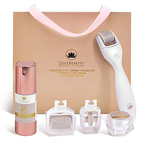 Product Cover Derma Roller Kit 0.3MM for Face & Body Skin Care All-In-One Facial Roller with Vitamin C 25% Hyaluronic Serum, Collagen Cream, 180, 600 & 1200 Micro-Needle Replacement Heads & Manual Set- ZustBeauty