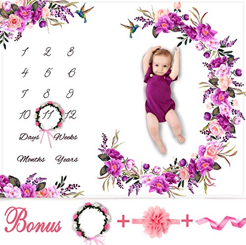 Product Cover Baby Monthly Milestone Blanket Girl - Floral Plush Fleece Baby Photography Backdrop Memory Blanket for Newborns Large - New Moms Set - 100% Wrinkle-Free - Bonus Wreath + Headband
