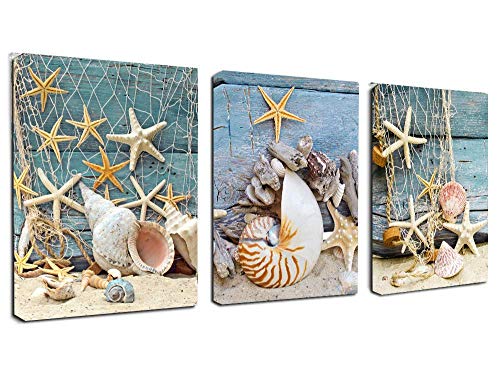 Product Cover Canvas Wall Art Starfish Seashell Beach Sands Prints- 3 Panels Contemporary Pictures Canvas Painting Modern Artwork Framed for Home Decoration Ready to Hang