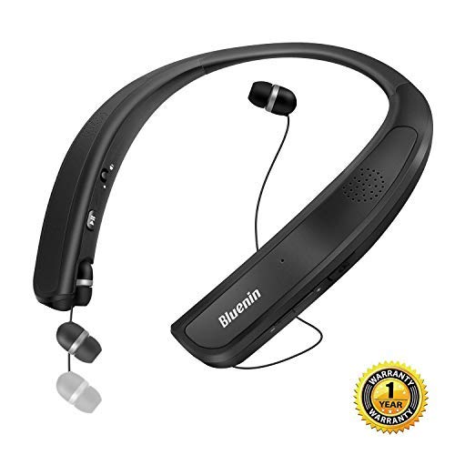 Product Cover Bluetooth Headphones Speaker 2 in 1,Bluenin Neckband Wireless Headset Wearable Speaker True 3D Stereo Sound Sweatproof Headphones with Retractable Earbuds Built-in Microphone (Titanium Black)