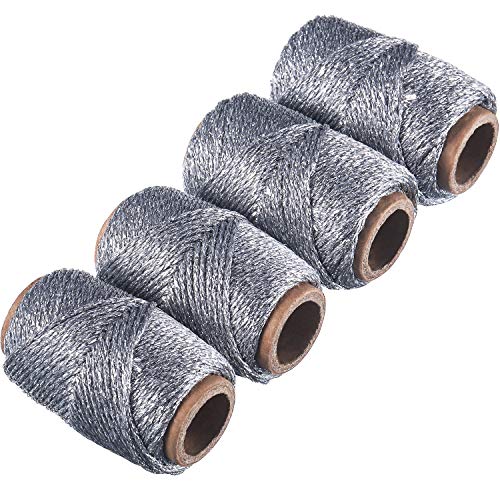 Product Cover BBTO 4 Pack Metallic Bakers Twine, Christmas Package Twine, 87.5 Yard in Total, Decorative Cooper String Solid Color Art Twine for DIY Crafts and Gift Wrapping (Sliver)