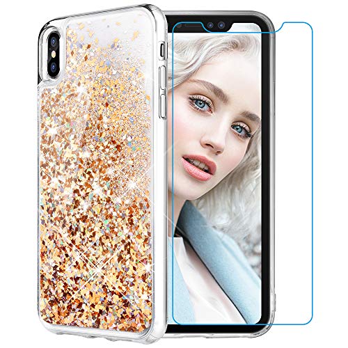 Product Cover Maxdara Case for iPhone Xs Max Glitter Case Tempered Glass Screen Protector Floating Liquid Bling Sparkle Luxury Pretty Fashion Cute Girls Women Case Cover (Gold Silver)