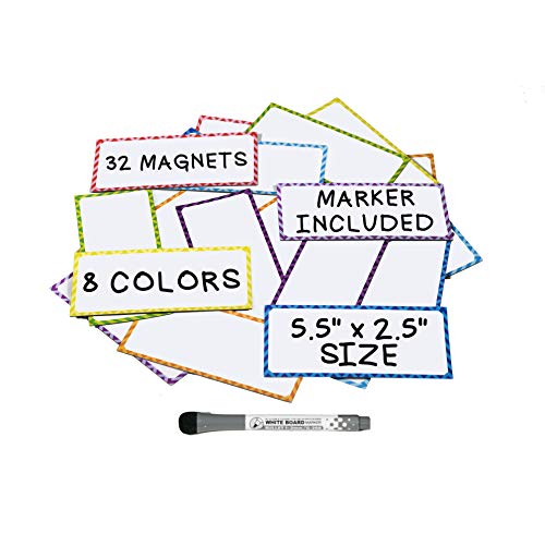 Product Cover Large Magnetic Dry Erase Labels - (32 Count) w/Dry Erase Markers and Eraser Pen - Great For Teachers Classroom Organization  and Locker Accessories - Use it as Cubicle Name Tag Refrigerator Magnets