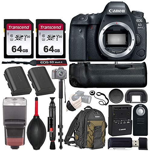 Product Cover Canon EOS 6D Mark II Wi-Fi DSLR Camera Body - with Pro Battery Grip, TTL Flash, Canon Backpack,128GB Memory, Replacement Battery for LP-E6N, 72