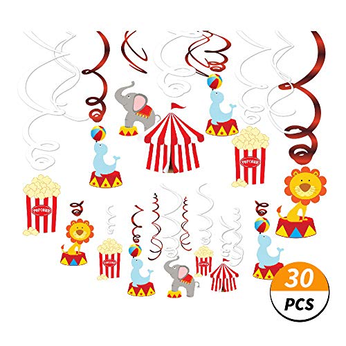Product Cover Kristin Paradise 30Ct Carnival Hanging Swirl Decorations - Circus Animals Party Supplies - Circo Birthday Favors for Kids - Ceiling Streamers - Baby Shower, 1st, First Bday Theme Decor