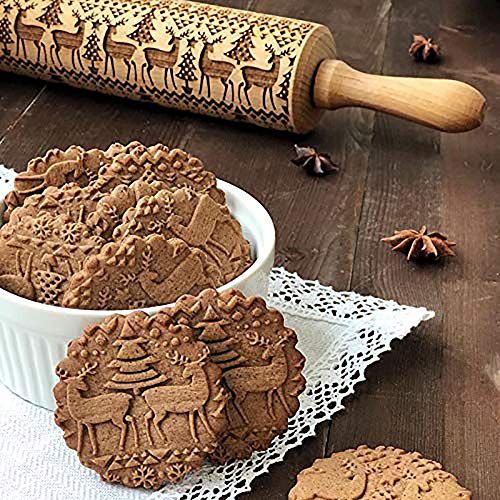 Product Cover Christmas Wooden Rolling Pins with Christmas Symbols for Baking Embossed Cookies (43x5cm)