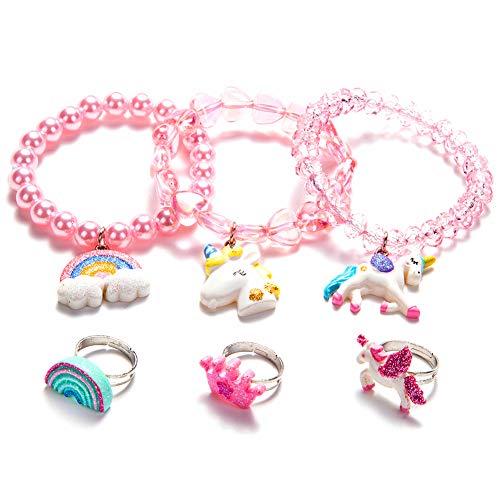 Product Cover Toddler Girls Unicorn Bracelets Ring Set - Little Girls Jewelry Set Crown Rainbow Rings -Baby Girl Teen Colorful Unicorn Rainbow Bracelet,Pretend Play Bracelet,Children Christmas Gift-Style 2