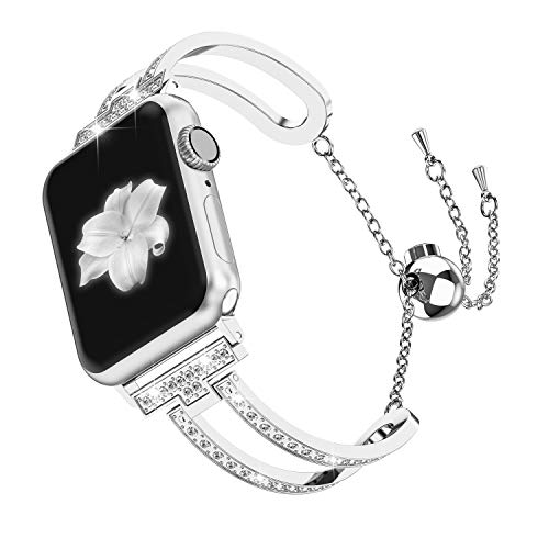 Product Cover Wearlizer Womens Silver Compatible with Apple Watch Band 42mm 44mm iWatch Bling Jewelry U-Type Dressy Wristband Steel with Rhinestone Bangle Replacement Strap Metal Bracelet Chain Series 5 4 3 2 1
