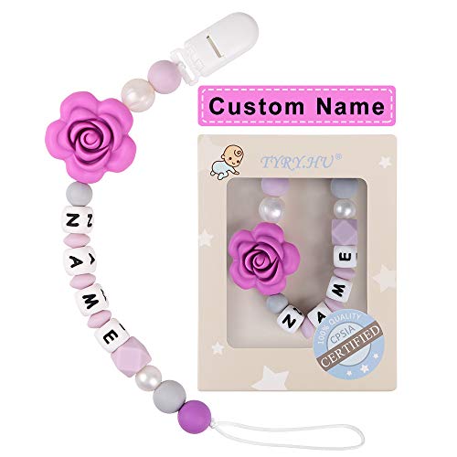 Product Cover Pacifier Clip Personalized Name TYRY.HU Girls Binky Holder Baby Silicone Paci Clip BPA Free Chewable Beads Teething Relief Teether Toy Handmade Newborn Birthday Shower Gift Christmas (Purple Rose)