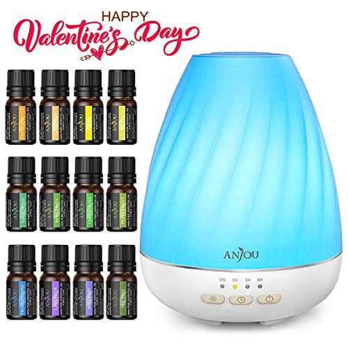 Product Cover Anjou Essential Oils and Diffuser Set, 200mL Aroma Diffuser Tank with Top 12 Oils, Peppermint, Tee Tree, Lavender, Eucalyptus, Sweet Orange, Auto Off Humidifier - 7 Color LED Lights, Therapeutic Grade