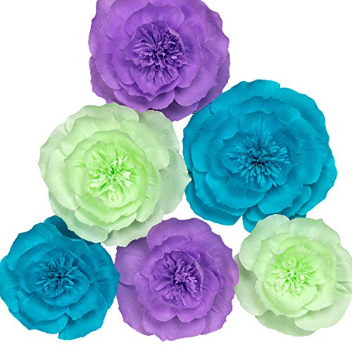 Product Cover Paper Flower Decorations, Large Crepe Paper Flowers, Wedding Flower Backdrop, Giant Paper Flowers (Purple, Teal Blue, Light Green, Set of 6) for Wedding, Bridal Shower, Baby Shower, Wall Decorations