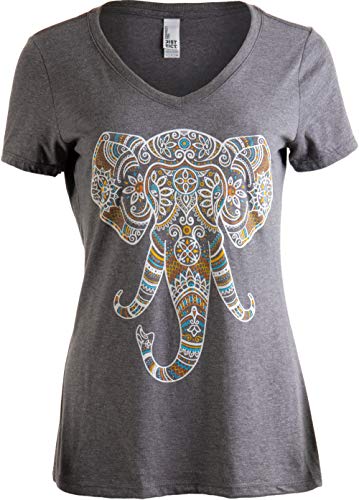 Product Cover Elephant Aesthetic | Ornate Stylized Line Art Yoga V-Neck T-Shirt for Women-(Vneck,S)