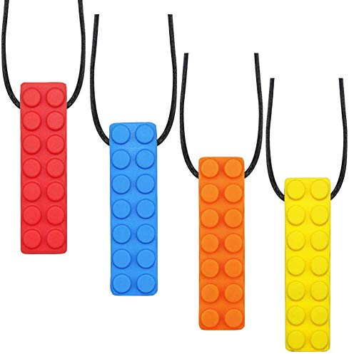 Product Cover Sensory Chew Necklace Set, (4 Pack) Made from Food Grade Silicone Safety for Kids Teething, Silicone Chewy Sticks for Autistic, ADHD, Oral Motor Boys and Girls Children-Blue,Red,Yellow,Orange