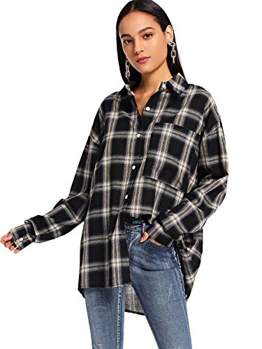 Product Cover SweatyRocks Women's Long Sleeve Collar Long Button Down Plaid Shirt Blouse Tops