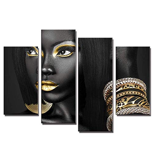 Product Cover 4 Pieces Abstract Poster Printed Golden Egyptian Queen Beauty Black Woman Portrait Wall Art Canvas Print Frame Picture Painting for Office Hallway Home Decor Gift Direct Hanging