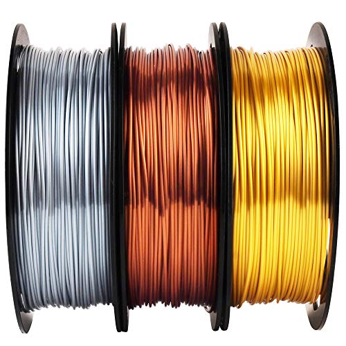Product Cover Shiny Silk Gold Silver Copper PLA Filament Bundle, 1.75mm 3D Printer Filament, Each Spool 0.5kg, 3 Spools Pack, with One 3D Printer Remove or Stick Tool MIKA3D