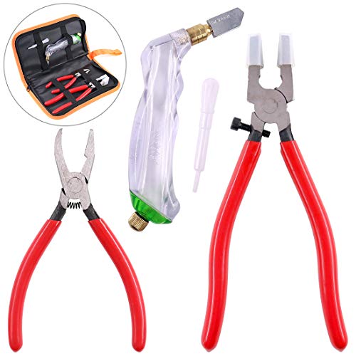 Product Cover Swpeet 3Pcs Heavy Duty Glass Running Pliers, Breaker Grozer Pliers and Grip Oil Feed Glass Cutter Kit, Professional Stained Glass Cutting Tool with Extra Rubber Tips Perfect for Stained Glass Work