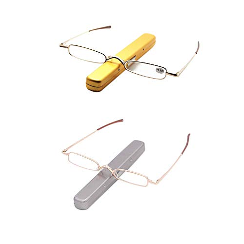 Product Cover KoKoBin Mini Reading Glasses - 2 Pairs Metal Frame Readers with Spring Hinge Portable Pen Clip for Men Women,Gold+Silver 1.50 Strength